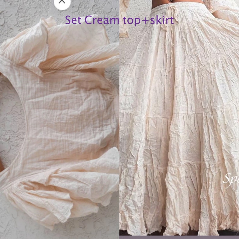 May include: A cream-colored top and skirt set. The top has a round neckline and short, ruffled sleeves. The skirt is long and flowy with multiple tiers.