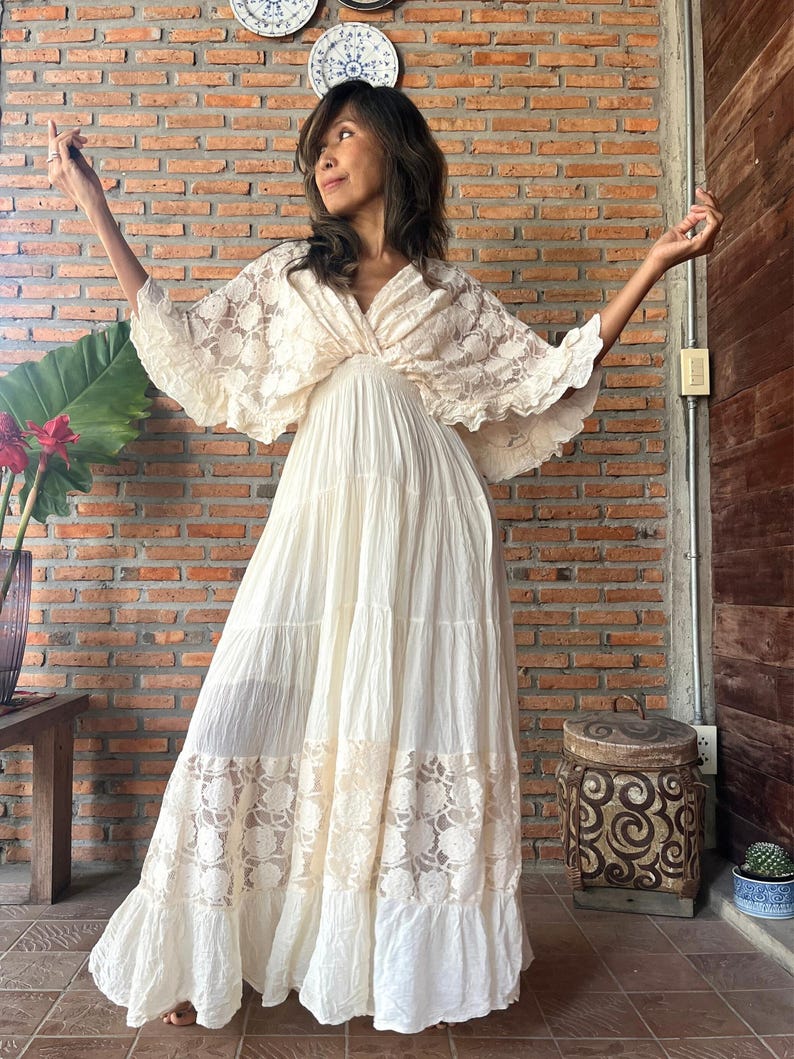 Boho Lace Trim Cotton Maxi Dress/Kaftan Cream Wedding Dress/ Boho Wedding Dress/Ruffle Maxi Dress/Romantic Vintage Style, Flowy Long Dress. Dress Cream Rose