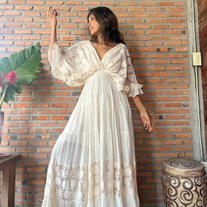 Boho Lace Trim Cotton Maxi Dress/Kaftan Cream Wedding Dress/ Boho Wedding Dress/Ruffle Maxi Dress/Romantic Vintage Style, Flowy Long Dress. image 3