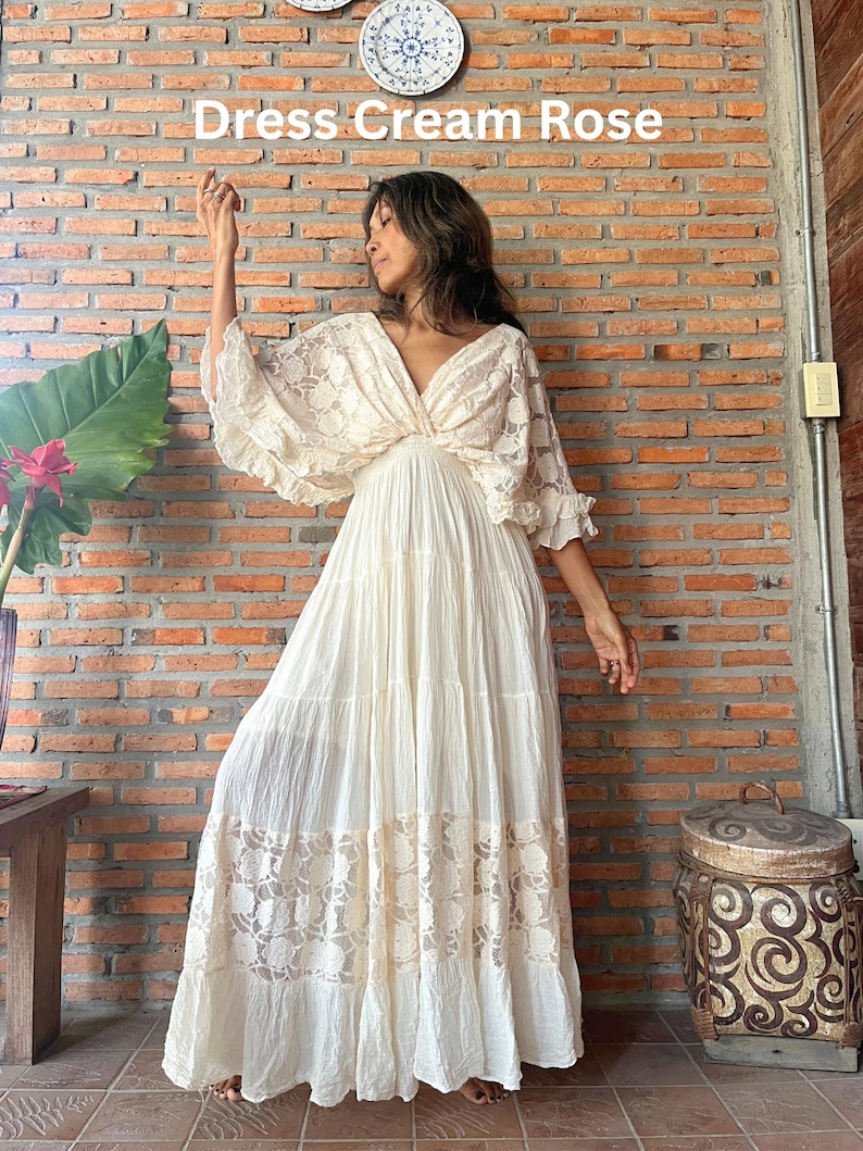 Boho Lace Trim Cotton Maxi Dress/Kaftan Cream Wedding Dress/ Boho Wedding Dress/Ruffle Maxi Dress/Romantic Vintage Style, Flowy Long Dress. image 3