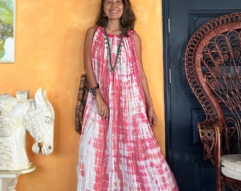 Vestido largo de gasa de algodón teñido a mano, estilo bohemio con hombros descubiertos y caída fluida, ideal para sesiones de fotos de maternidad, estilo festival, corte holgado, perfecto para la playa o un resort.