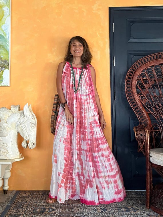 Hand-Tie Dyed Gauze Cotton Maxi Dress, Boho Off-Shoulder Flowy Style, Maternity Photoshoot Festival Wear,Loose Fit Maxi,Beach Resort Outfit.