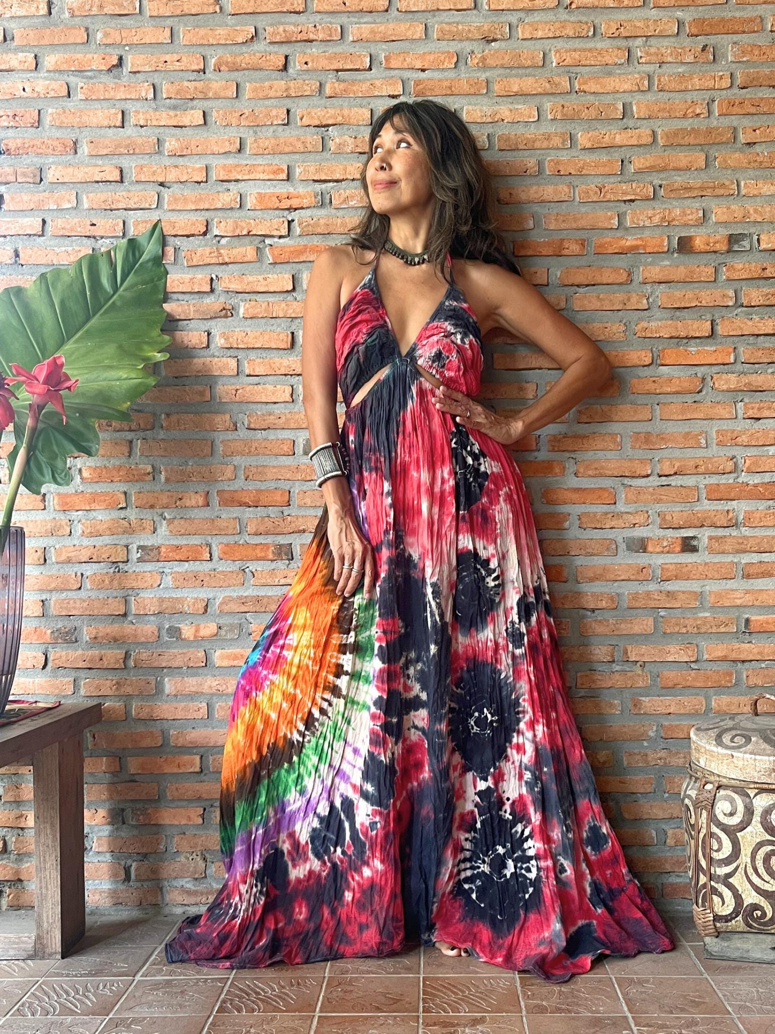 High Quality Cotton Boho Tie dye High low Halter Dress, Backless Tie dye Maxi Dress, Maternity dress for photoshoot. Soft and durable. High Quality Cotton Boho Tie dye High low Halter Dress, Backless Tie dye Maxi Dress, Maternity dress for photoshoot. Soft and durable.
