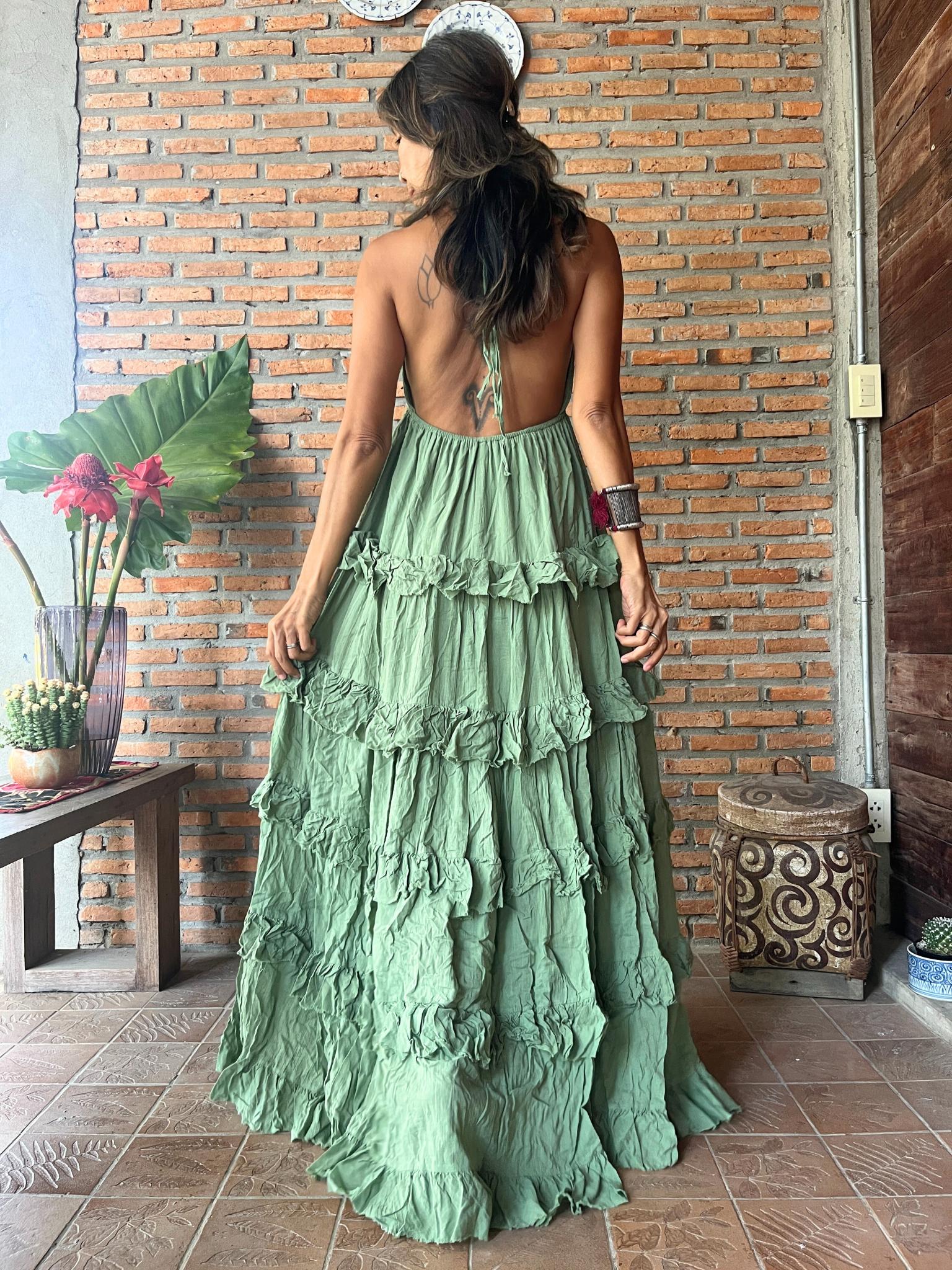 Boho Green Ruffle Maxi Dress | Backless Halter Dress | Handmade Summer Dress | Festival Bohemian Dress