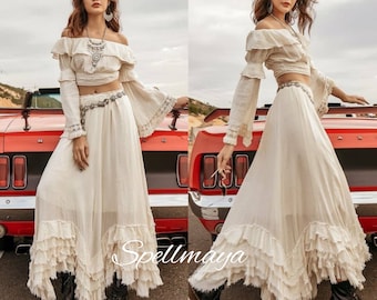 Boho Set aus Oberteil und Rock, Flamenco-Rock, Boho-Rüschenrock, weißer Gypsy-Rock, 2-teiliges Set Oberteil und Rock, Option nur Oberteil, nur Rock oder Set