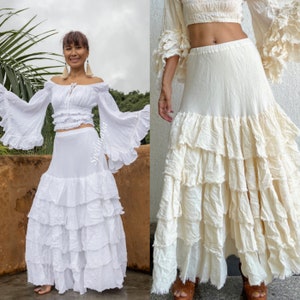 Boho 2 piece Set in skirt,2 piece Top and skirt set,Off White Top and Skirt set,Ruffled Maxi skirt, Options for Top Only, Skirt Only, or Set