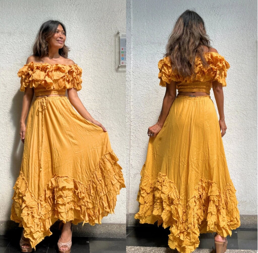 Vakkest Completo Estivo 2 Pezzi Donna - Canotta Con Volant Floreale E Gonna Lunga A Vita Alta, Nero Tinta Unita, Taglie Forti XXL, Look Boho Tropicale