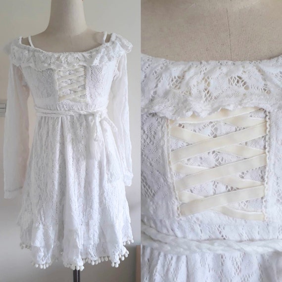 Vintage White Lace Off shoulder Mini Dress/Women's