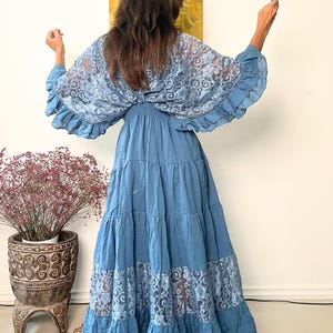 Vestido largo estilo caftán bohemio de algodón con ribete de encaje color vino tinto, vestido de maternidad imagen 6