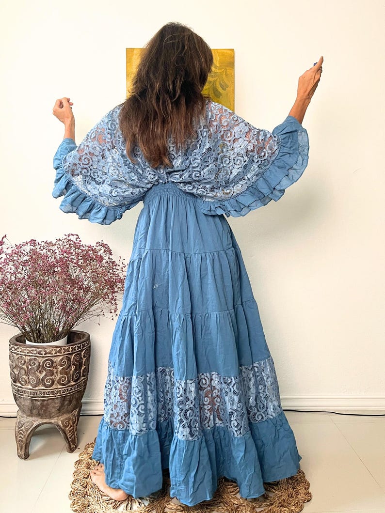 Vestido largo estilo caftán bohemio de algodón con ribete de encaje color vino tinto, vestido de maternidad imagen 6