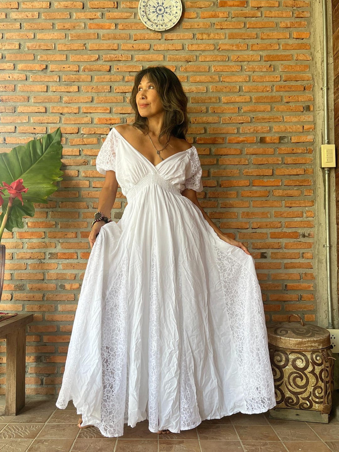blue dress for baby girl White Mermaid Boho Long Lace Wedding Dress with Sleeves Diamond White / 18