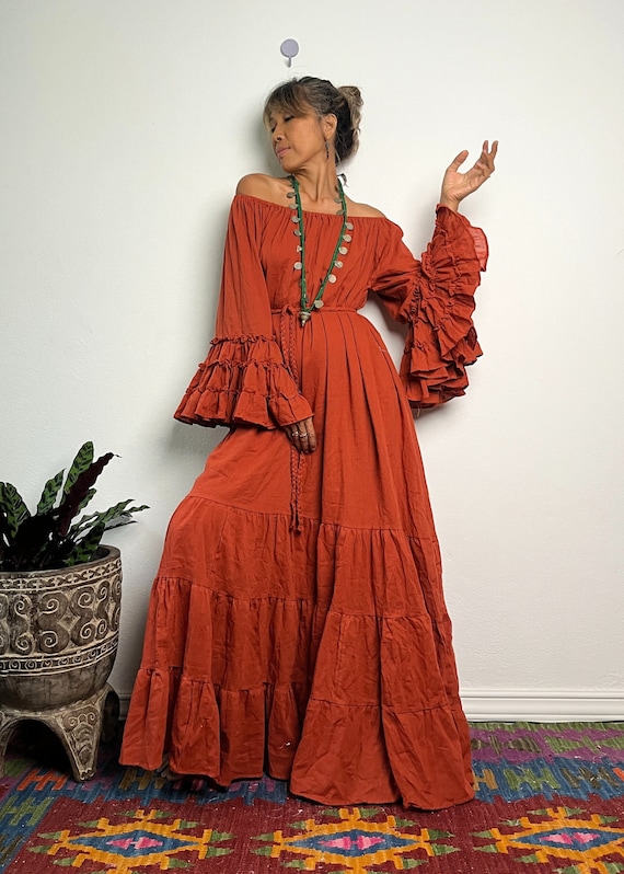 Boho off Shoulder Maxi Dress,boho Maternity for Photoshoot Dress, Dress,ruffle  Wide Sleeves Orange Maxi Dress,cotton Plus Size Maxi Dress. - Etsy