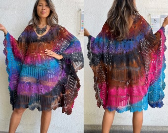 Handmade Crochet Tie Dye Kaftan Dress,Crochet Beach Dress,Hippie Crochet Dress,Festival Crochet Dress,Vacation Crochet Dress, Kaftan Dress.