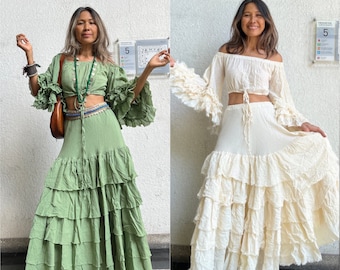 Conjunto bohemio de 2 piezas con falda, top de maternidad y falda para sesión de fotos, falda larga en capas, top corto con mangas salvajes, opción de solo falda, solo top o conjunto.