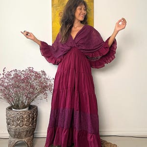Vestido largo estilo caftán bohemio de algodón con ribete de encaje color vino tinto, vestido de maternidad Red wine/standard
