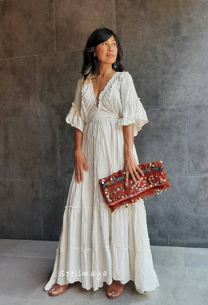 Bohemian Cream Wedding Dress/Boho Lace cotton Maxi DressGown Etsy