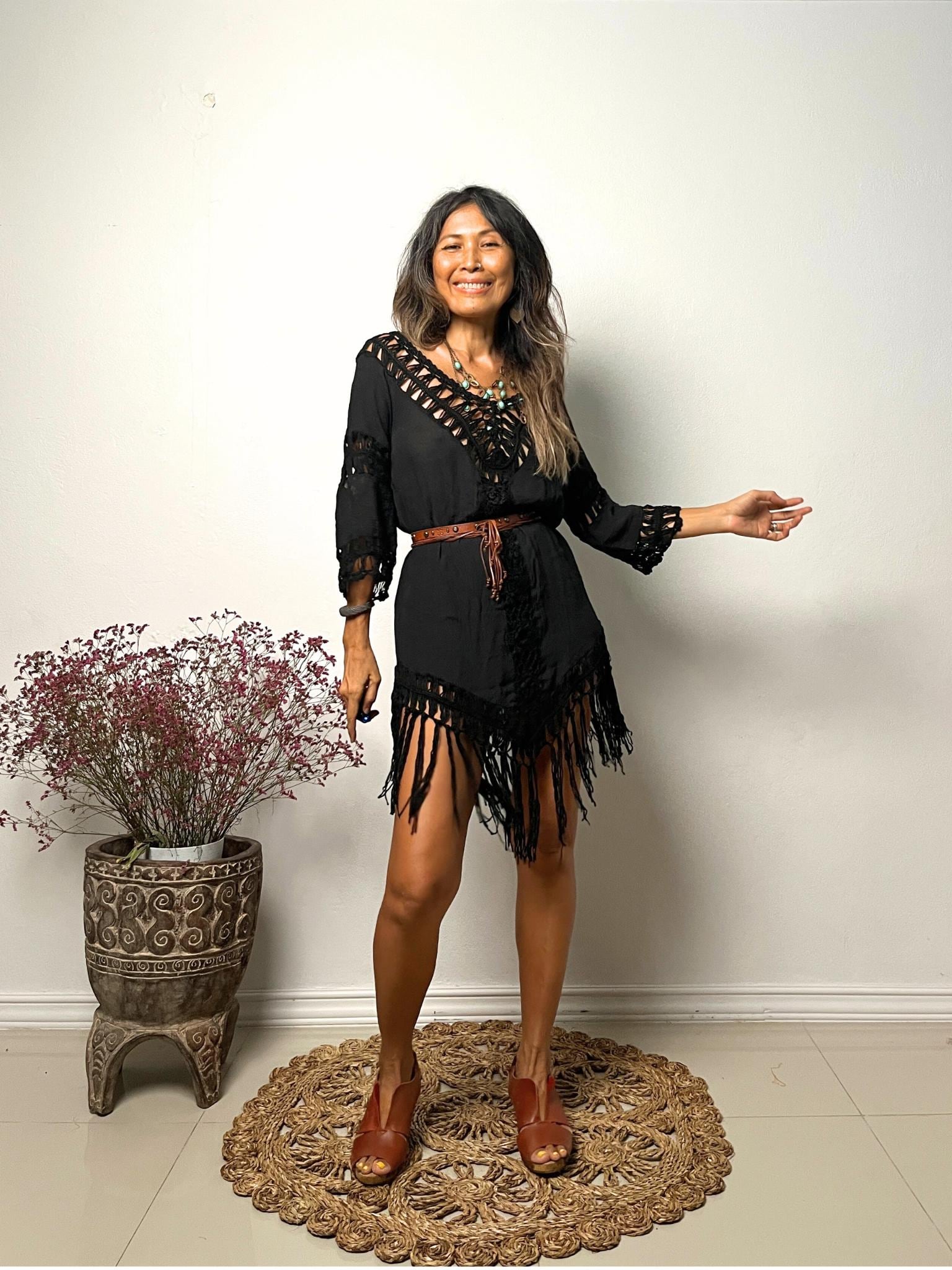 black tailored dress Mair Floral Print Tassel Fringe Wrap Dress – Tadashi Shoji Official Online  Boutique main image 0
