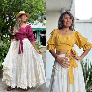 Boho burgundy Crop top,Boho 2 piece set,Mustard Crop top,Square neck top,Cotton Crop top,Puffy Sleeve crop top,Cotton Circle Maxi Skirt.