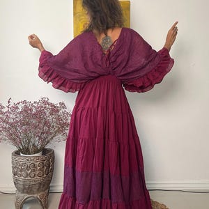 Vestido largo estilo caftán bohemio de algodón con ribete de encaje color vino tinto, vestido de maternidad imagen 4