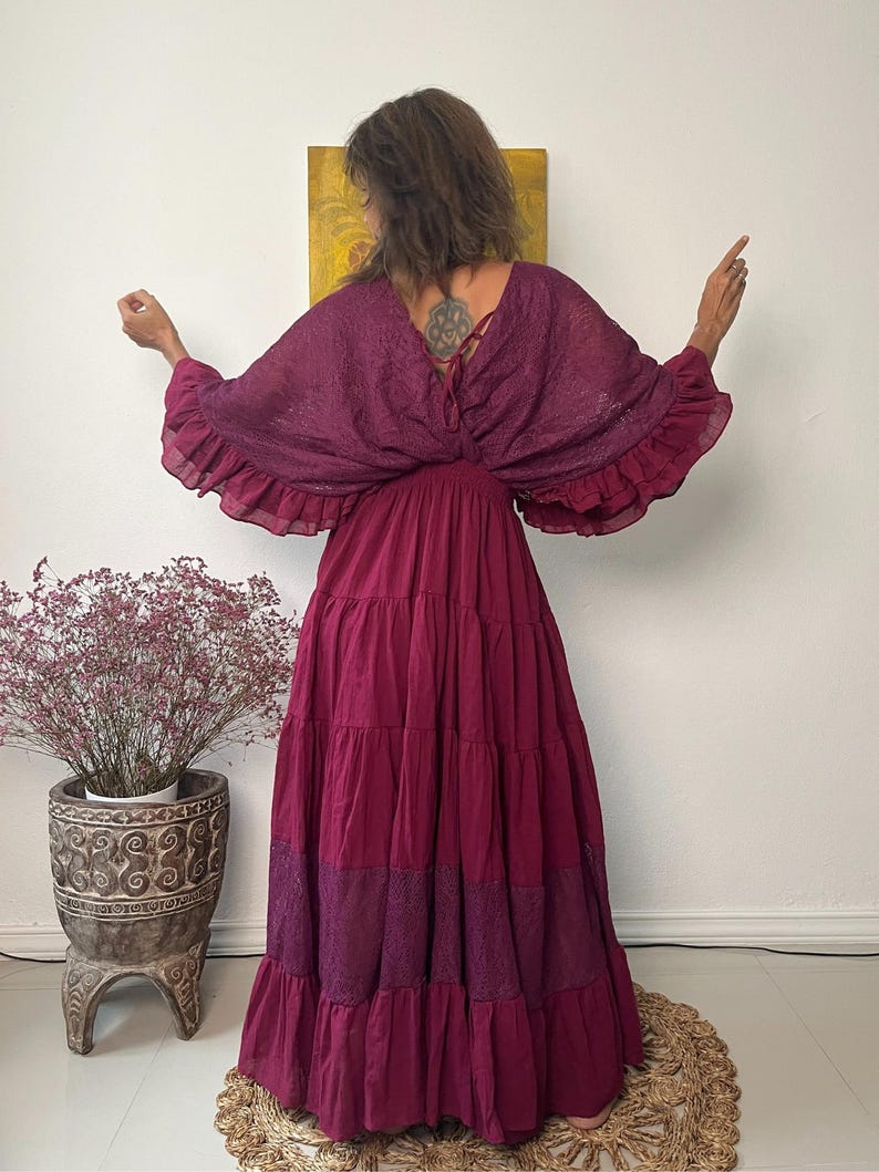 Vestido largo estilo caftán bohemio de algodón con ribete de encaje color vino tinto, vestido de maternidad imagen 4