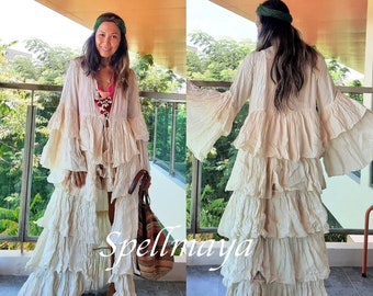 Kimono maxi bohemio con volantes, hecho a mano, chaqueta larga bohemia con volantes, cárdigan bohemio para boda, kimono con volantes para sesión de fotos de maternidad.
