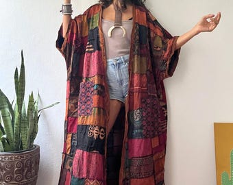 Kimono de patchwork hecho a mano, cárdigan de patchwork, kimono de patchwork de talla grande 3x 4x, kimono largo de patchwork lavado a la piedra, patchwork de algodón