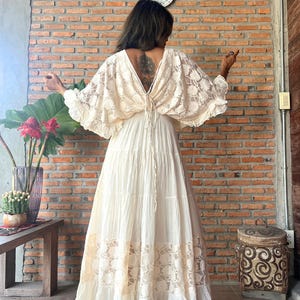 Boho Lace Trim Cotton Maxi Dress/Kaftan Cream Wedding Dress/ Boho Wedding Dress/Ruffle Maxi Dress/Romantic Vintage Style, Flowy Long Dress. image 4