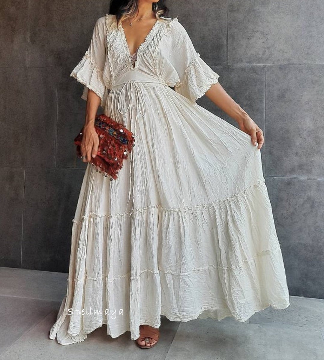 cream lace boho maxi dress Bohemian Cream Wedding Dress/Boho Lace Trim cotton Maxi Dress,Gown Dress,Maternity for Photoshoot Dress,Deep V Neck Wedding Dress.Vacation