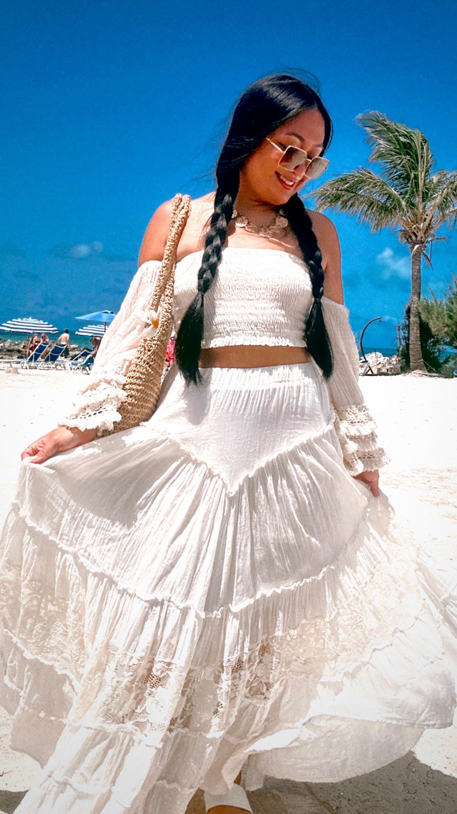 Boho Lace Trim Maxi Skirt,2 Piece Set Top and Skirt,smocked Crop