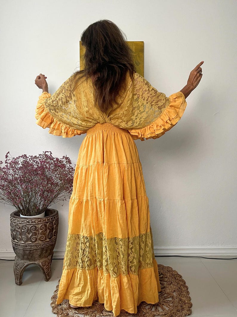 Vestido largo estilo caftán bohemio de algodón con ribete de encaje color vino tinto, vestido de maternidad imagen 8