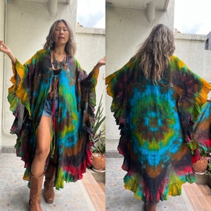 Boho Tie dye Cotton Kimono,Boho Maxi Ruffled Duster,Hippie Tie dye Beach Cover Up,Funky Kimono,Tie dye ruffle cardigan,Maternity cover up.