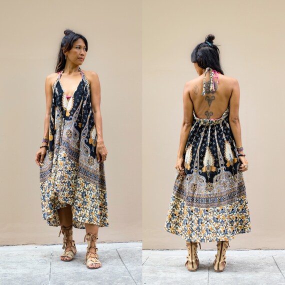 Vintage High Low Indian Block Printed Dress,Hippie