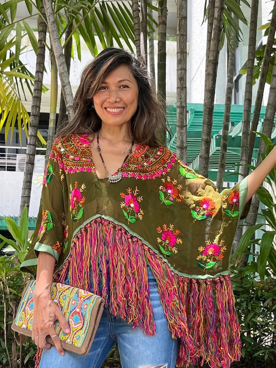 Blusa bordada Hamde 3 colores Kaftan bordado de flora turquesa boho blusa bordada con flecos hippie blusa con flecos gitanos blusa hippie Etsy Espana