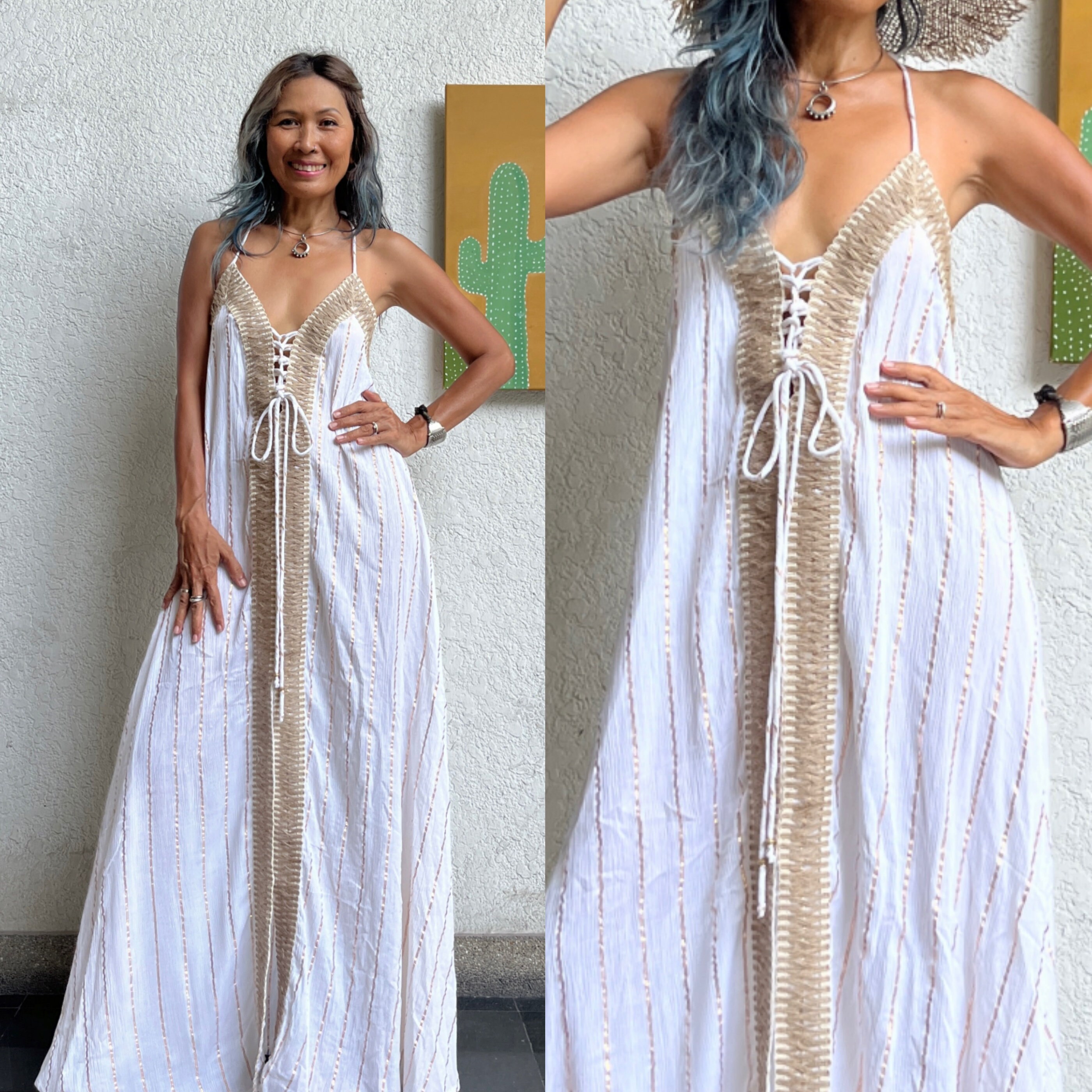 Boho Goddess  Halter dress,Women's Halter dress,Off White V neckline Halter,Lace up Halter maxi dress,Resort wear,High Slit Halter dress.