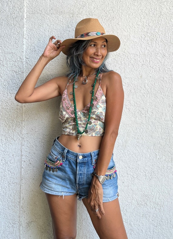 Boho Halter silk floral Ties,Silk Block printed Crop top,Beach colorful top,Festival Crop top,