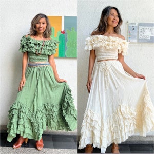 Boho 2 piece set Ruffle top and skirt,Cotton Off shoulder Crop top,Cream crop top,Boho wedding set in Skirt,Maternity top and skirt set.