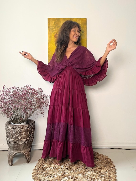 Boho Cotton Kaftan Maxi Dress: Red Wine Lace Trim, Maternity Gown