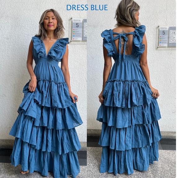 ETCYY Women's Off-Shoulder Ruffled Chiffon Maxi Dress – Summer Wedding Guest, Beach Party, Blue - View #13