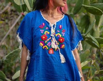 Boho Embroidered Kaftan Blouse, Hippie Flower Power Hand Embroidered Earth Tone Boho Ponchos/Long Kaftan/Tunic Dress with Fringe.