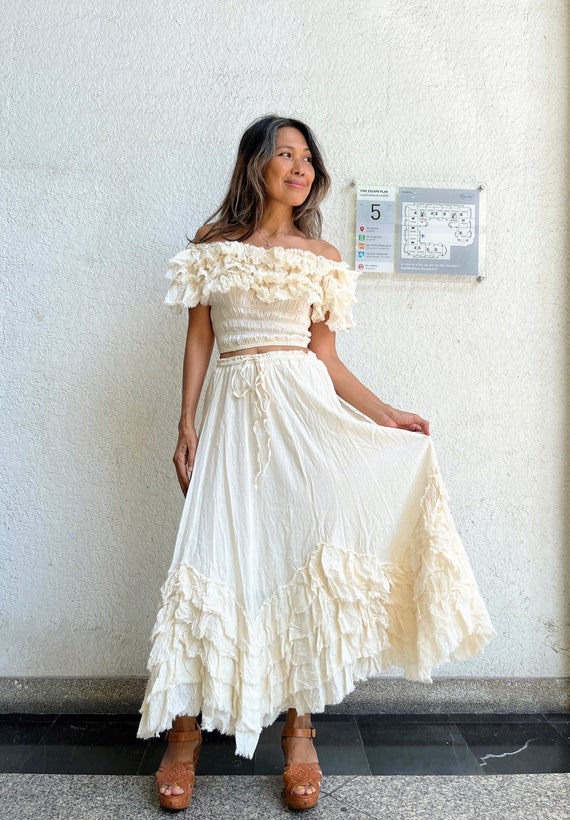 Boho 2 piece set Ruffle top and skirt,Cotton Off shoulder Crop top,Cream Crop top,Boho wedding set in Skirt,Maternity top and skirt set