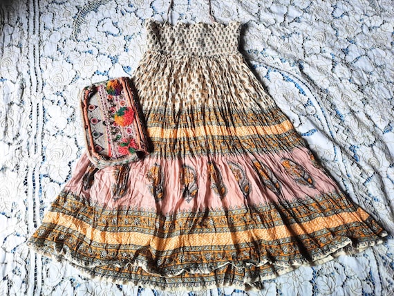 Vintage Halter Gauze cotton Dress/70s Block Print