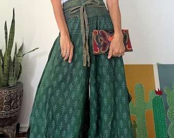 Boho hippie Cotton pants,Tired Wide leg Cotton pants,Block Printed pants,Hippie Flora Wide Legs Pants,Festival Stone Wash Long Baggy Pants,
