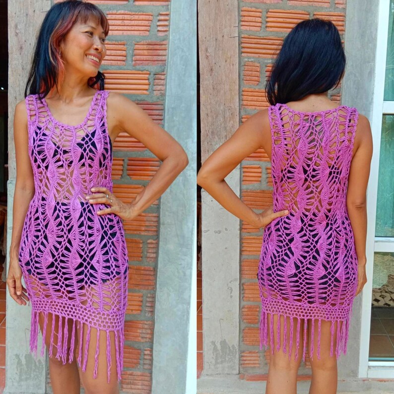 Light Purple Macrame Woven Crochet Dress with Fringe Beach Bikini Cover up Holiday Vacation Festival Dress.