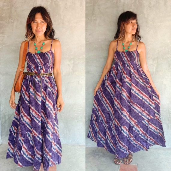 Vintage Purple Striped Raw cotton maxi dress/Bohem