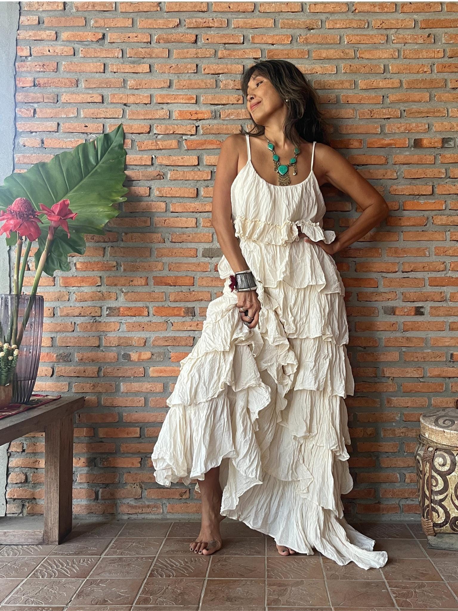 boho ruffle dress Young Threads Length 50 Boho Handmade Cream Maxi Dress,