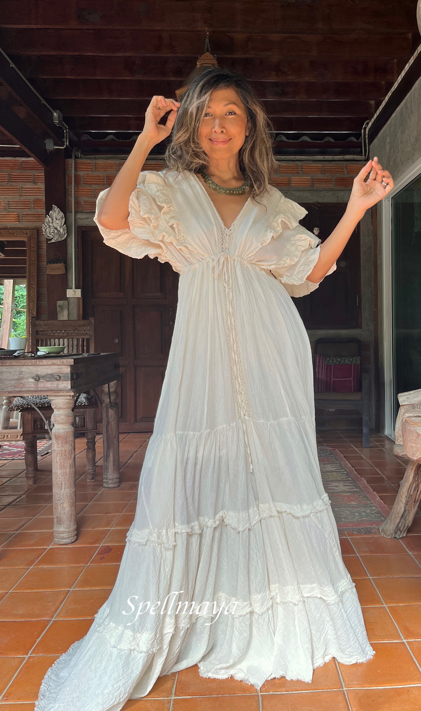 Boho Cream Wedding Dress,maternity for Photoshoot Maxi Dress,ruffle Sleeve Maxi Dress,cotton Lace Trim Wedding Dress,floor Length Maxi Dress