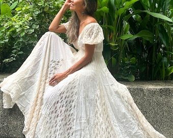 Boho Lace Trim Maxi Dress/Maternity Wedding Dress/Off shoulder Maxi White Dress/Maternity for Photoshoot dress,Boho Wedding dress,Circle