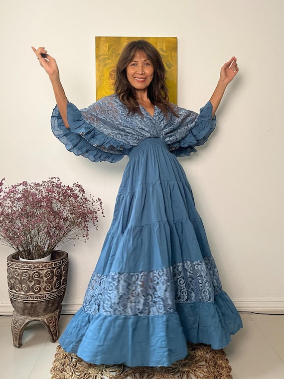 Boho Blue Lace Trim Kaften,Boho