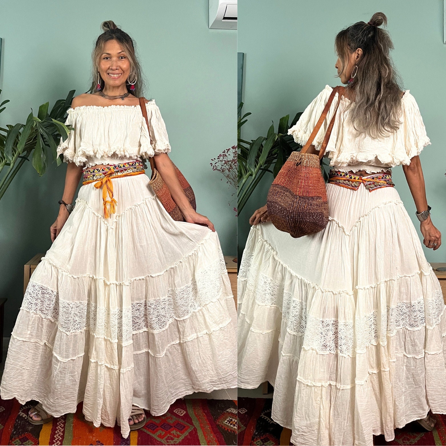 マタニティ WILLFULLY aslope fringe tiered SK Cider Clothing Womens Boho Tiered High Waist Tie Paisley