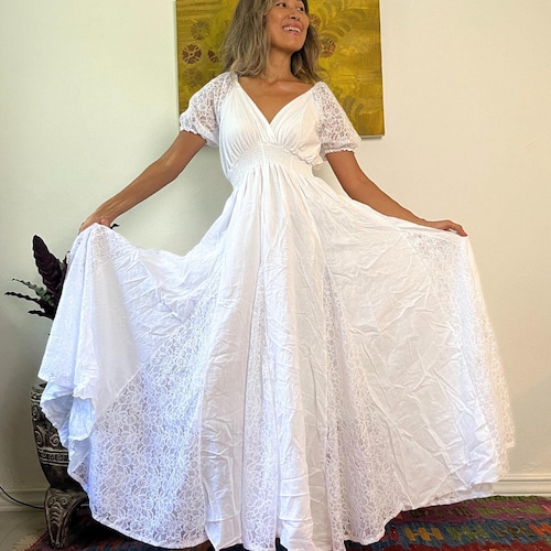 knee length dresses for ladies Momyknows Cream White Ruched Backless Big Swing Lantern Sleeve Boho Maternity Maxi Dress White / S